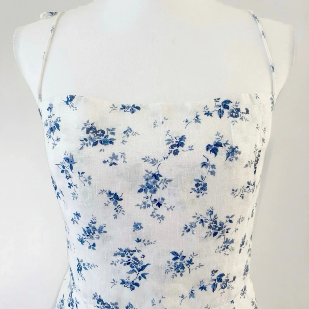 Reformation christen white blue Floral Print square neck tie straps Midi Dress - Picture 4 of 15